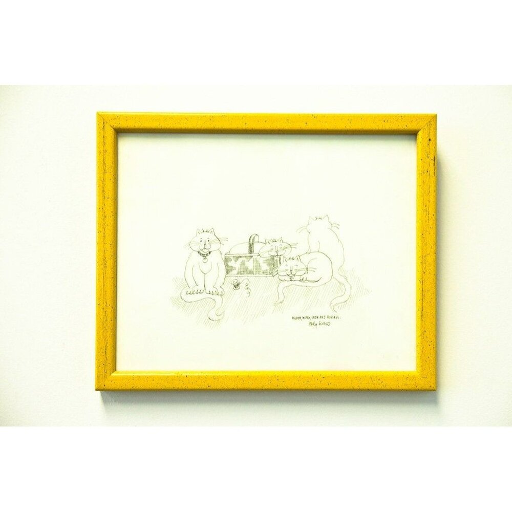 Vtg 1970's Detroit Artist Mary Ewald Pen And Ink Art Cats Feldon Ming Leon